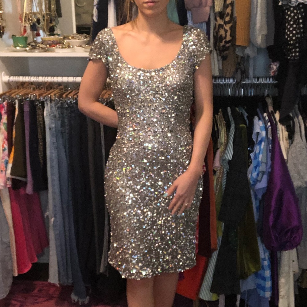 Midi cap sleeve swoop neck silver sequin dress
